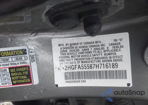 2007 Honda Civic Si z USA, uszkodzony, nr VIN 2HGFA55587H716189
